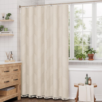 Boho Shower Curtain, Modern Farmhouse Shower Curtain Set with Tassels, Rustic Faux Linen Green Striped Shower Curtain with Hooks, Light Tan Toned, 72x72 Inches
