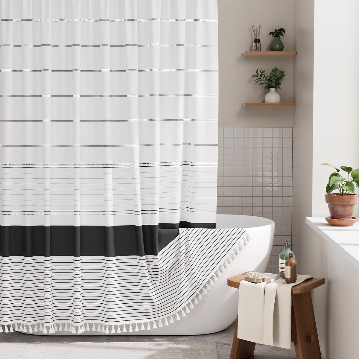 Boho Shower Curtain, Modern Farmhouse Shower Curtain Set with Tassels, Rustic Faux Linen Green Striped Shower Curtain with Hooks, Light Tan Toned, 72x72 Inches