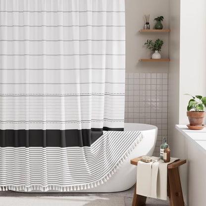 Boho Shower Curtain, Modern Farmhouse Shower Curtain Set with Tassels, Rustic Faux Linen Green Striped Shower Curtain with Hooks, Light Tan Toned, 72x72 Inches