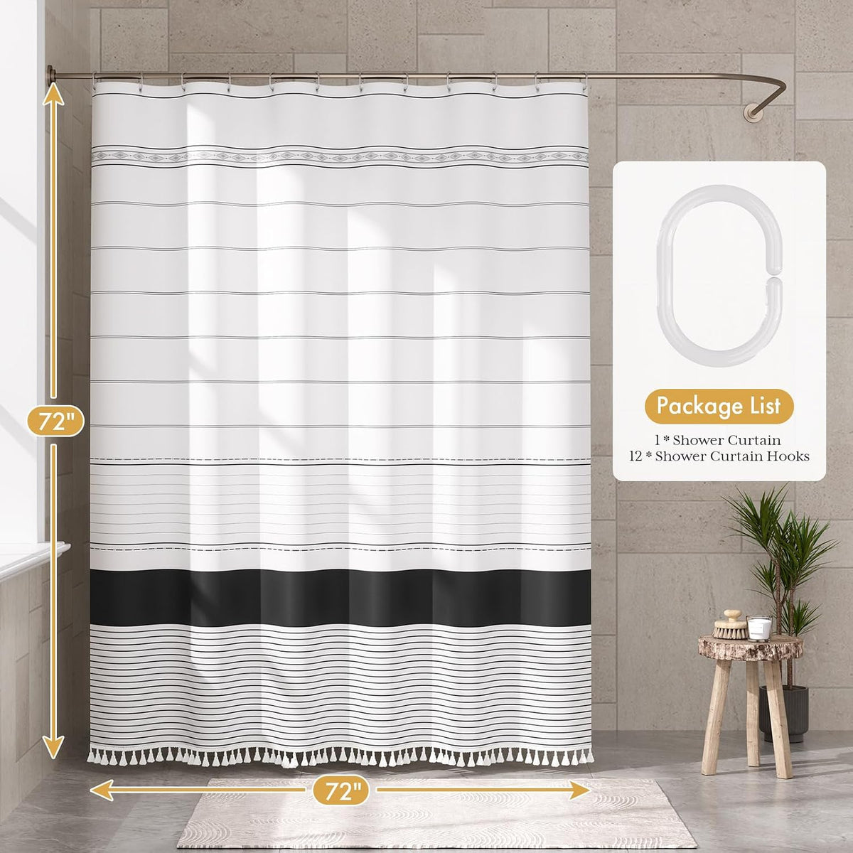 Boho Shower Curtain, Modern Farmhouse Shower Curtain Set with Tassels, Rustic Faux Linen Green Striped Shower Curtain with Hooks, Light Tan Toned, 72x72 Inches