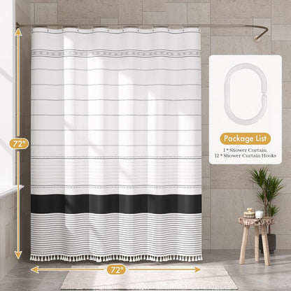 Boho Shower Curtain, Modern Farmhouse Shower Curtain Set with Tassels, Rustic Faux Linen Green Striped Shower Curtain with Hooks, Light Tan Toned, 72x72 Inches