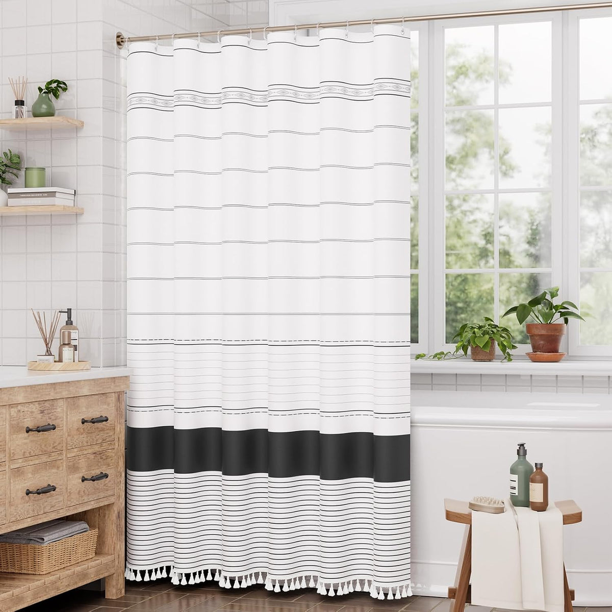Boho Shower Curtain, Modern Farmhouse Shower Curtain Set with Tassels, Rustic Faux Linen Green Striped Shower Curtain with Hooks, Light Tan Toned, 72x72 Inches