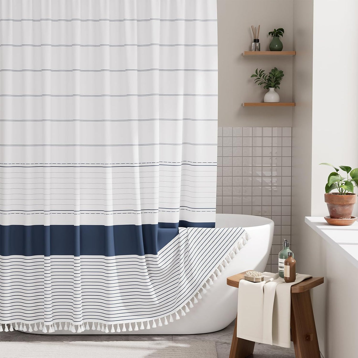Boho Shower Curtain, Modern Farmhouse Shower Curtain Set with Tassels, Rustic Faux Linen Green Striped Shower Curtain with Hooks, Light Tan Toned, 72x72 Inches