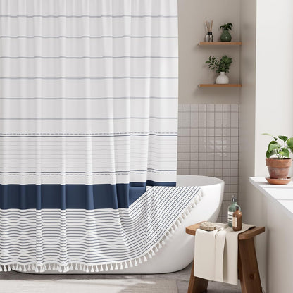 Boho Shower Curtain, Modern Farmhouse Shower Curtain Set with Tassels, Rustic Faux Linen Green Striped Shower Curtain with Hooks, Light Tan Toned, 72x72 Inches
