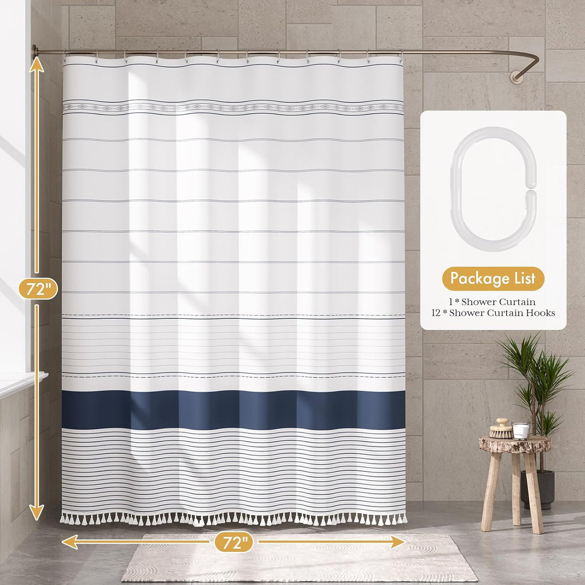 Boho Shower Curtain, Modern Farmhouse Shower Curtain Set with Tassels, Rustic Faux Linen Green Striped Shower Curtain with Hooks, Light Tan Toned, 72x72 Inches