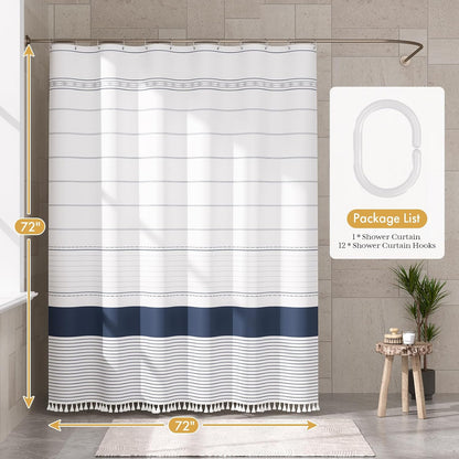 Boho Shower Curtain, Modern Farmhouse Shower Curtain Set with Tassels, Rustic Faux Linen Green Striped Shower Curtain with Hooks, Light Tan Toned, 72x72 Inches