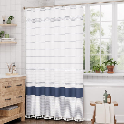 Boho Shower Curtain, Modern Farmhouse Shower Curtain Set with Tassels, Rustic Faux Linen Green Striped Shower Curtain with Hooks, Light Tan Toned, 72x72 Inches