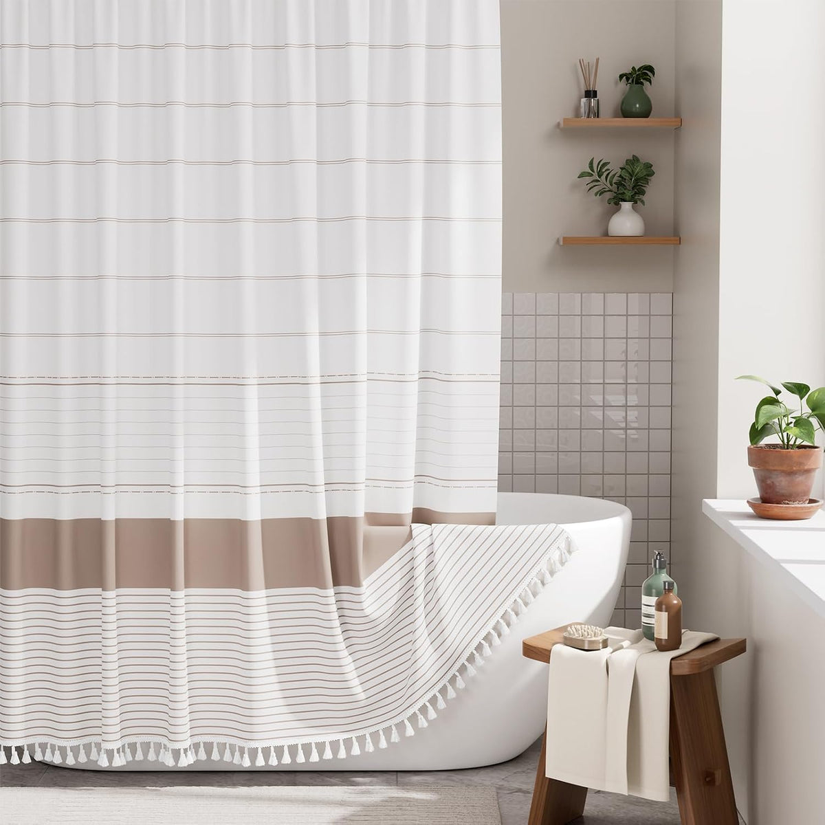 Boho Shower Curtain, Modern Farmhouse Shower Curtain Set with Tassels, Rustic Faux Linen Green Striped Shower Curtain with Hooks, Light Tan Toned, 72x72 Inches