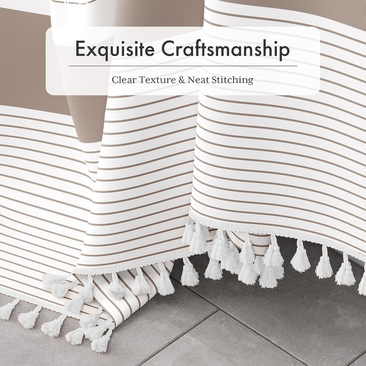 Boho Shower Curtain, Modern Farmhouse Shower Curtain Set with Tassels, Rustic Faux Linen Green Striped Shower Curtain with Hooks, Light Tan Toned, 72x72 Inches