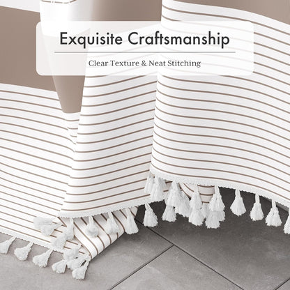 Boho Shower Curtain, Modern Farmhouse Shower Curtain Set with Tassels, Rustic Faux Linen Green Striped Shower Curtain with Hooks, Light Tan Toned, 72x72 Inches