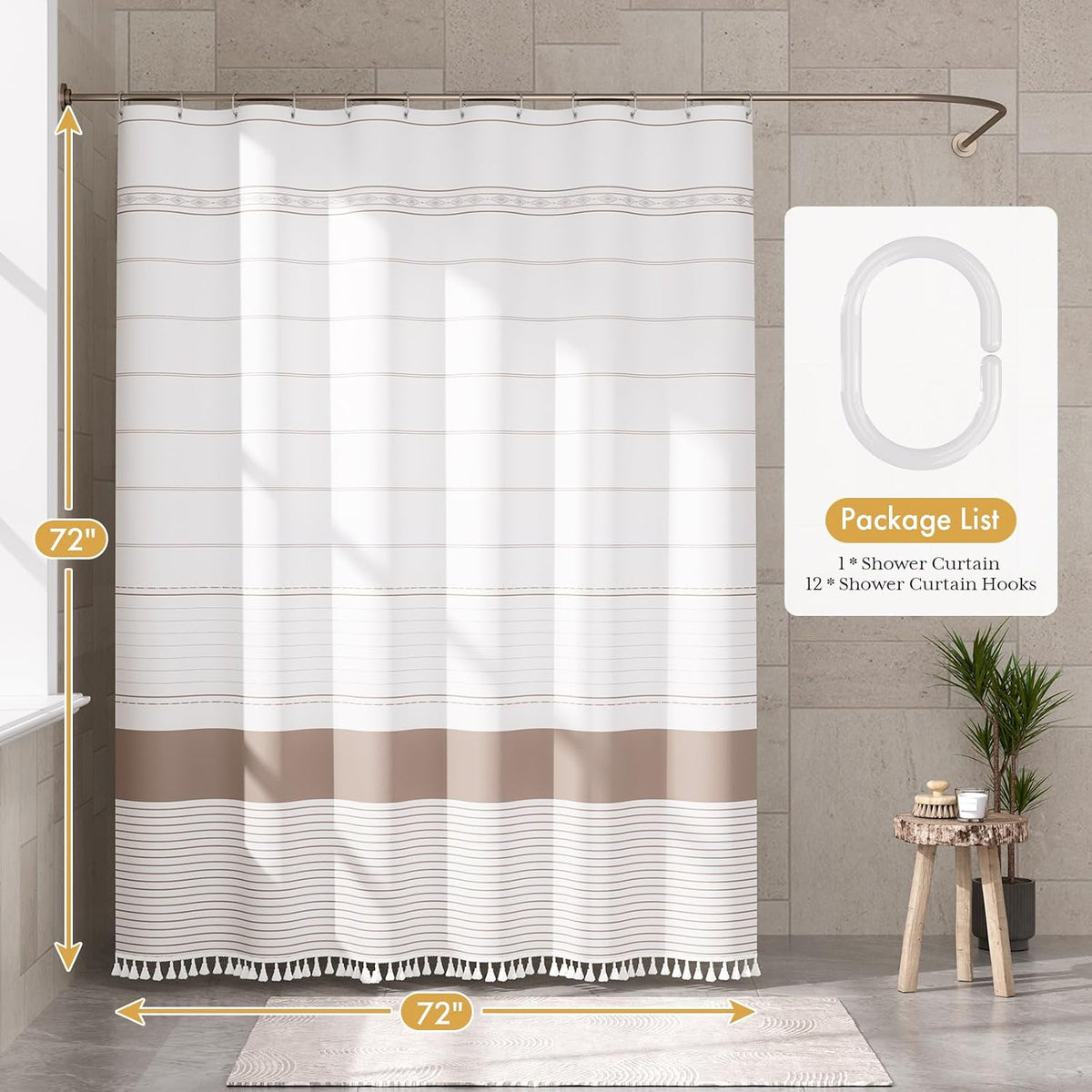Boho Shower Curtain, Modern Farmhouse Shower Curtain Set with Tassels, Rustic Faux Linen Green Striped Shower Curtain with Hooks, Light Tan Toned, 72x72 Inches