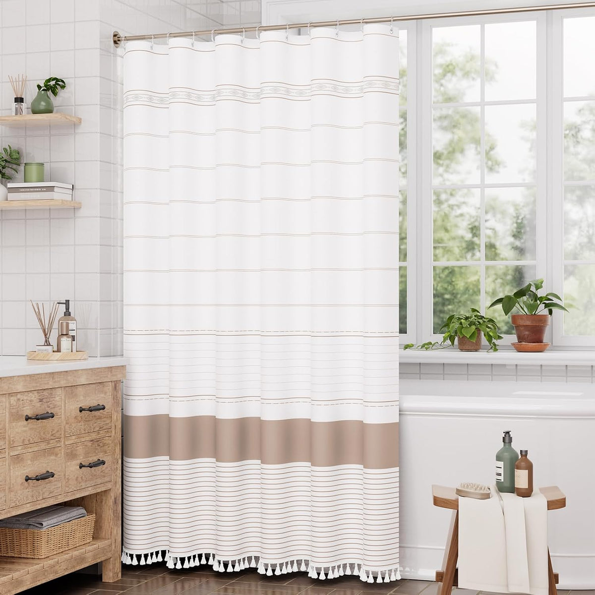 Boho Shower Curtain, Modern Farmhouse Shower Curtain Set with Tassels, Rustic Faux Linen Green Striped Shower Curtain with Hooks, Light Tan Toned, 72x72 Inches