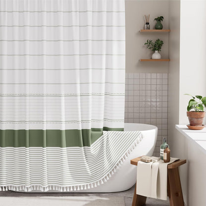Boho Shower Curtain, Modern Farmhouse Shower Curtain Set with Tassels, Rustic Faux Linen Green Striped Shower Curtain with Hooks, Light Tan Toned, 72x72 Inches