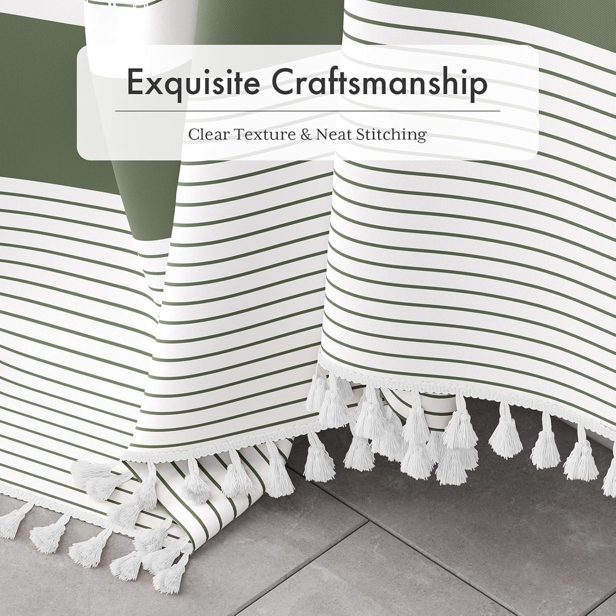 Boho Shower Curtain, Modern Farmhouse Shower Curtain Set with Tassels, Rustic Faux Linen Green Striped Shower Curtain with Hooks, Light Tan Toned, 72x72 Inches