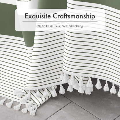 Boho Shower Curtain, Modern Farmhouse Shower Curtain Set with Tassels, Rustic Faux Linen Green Striped Shower Curtain with Hooks, Light Tan Toned, 72x72 Inches