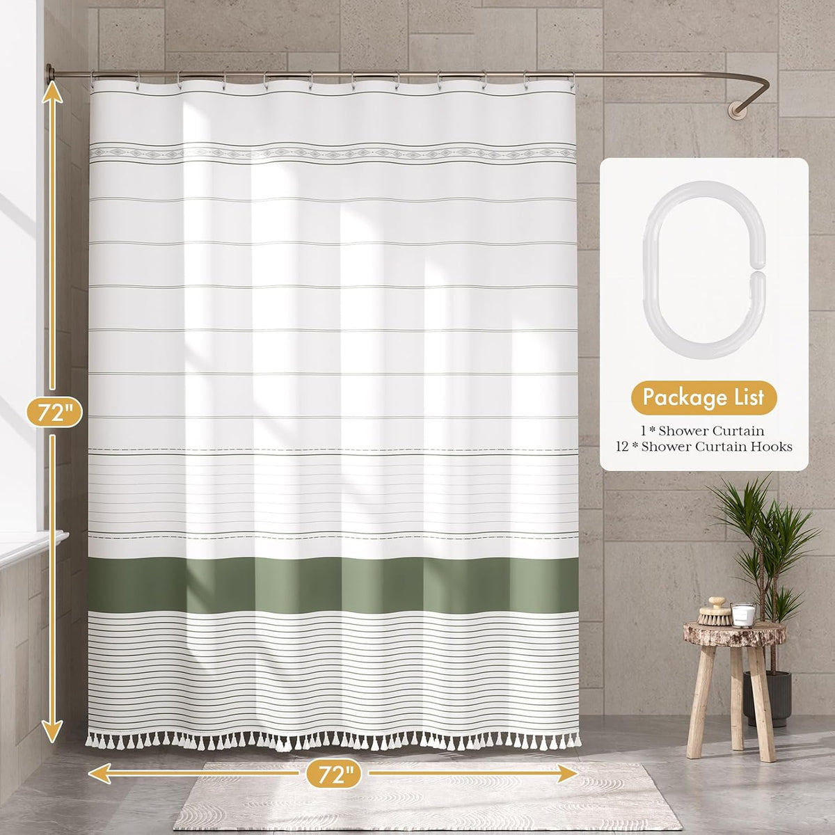 Boho Shower Curtain, Modern Farmhouse Shower Curtain Set with Tassels, Rustic Faux Linen Green Striped Shower Curtain with Hooks, Light Tan Toned, 72x72 Inches