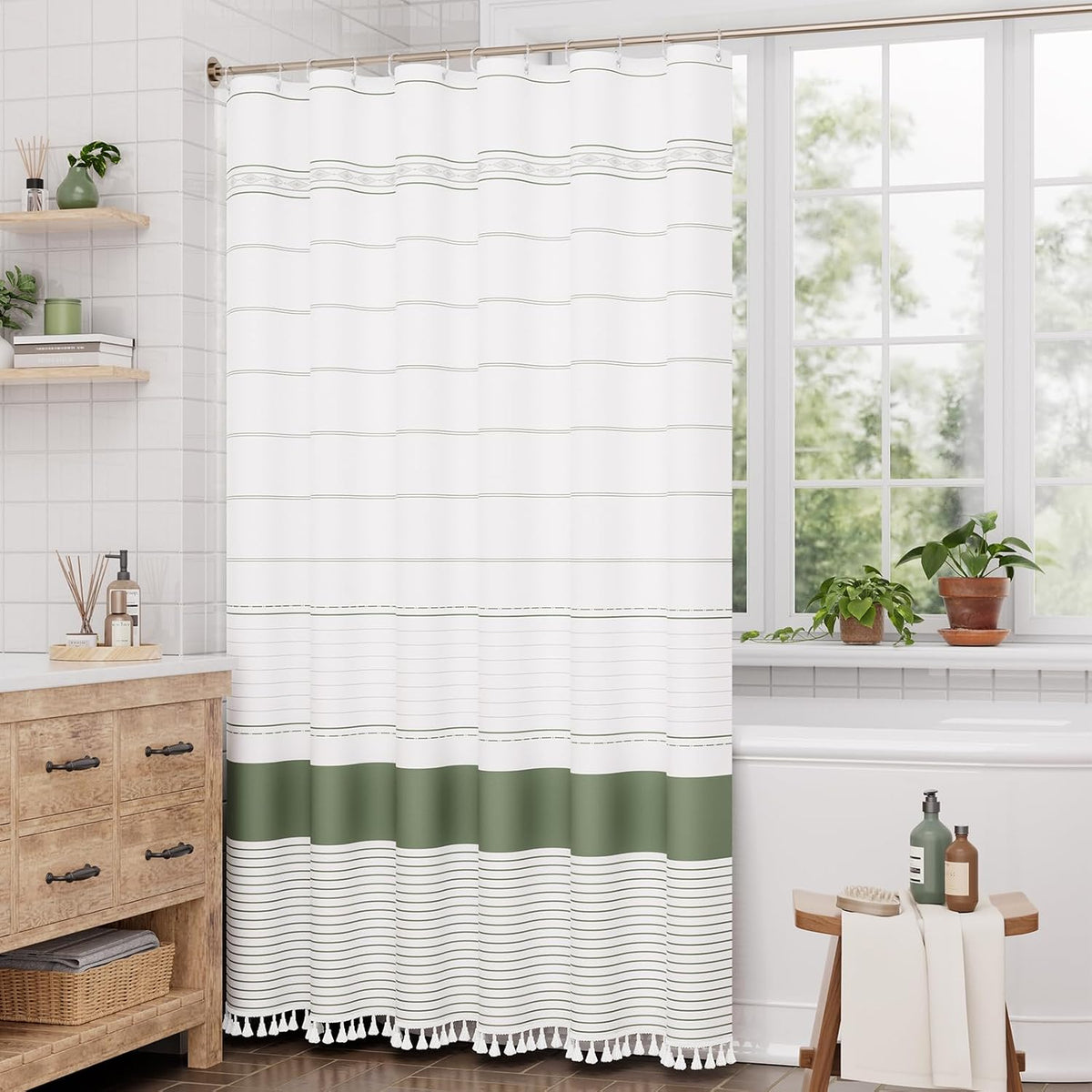 Boho Shower Curtain, Modern Farmhouse Shower Curtain Set with Tassels, Rustic Faux Linen Green Striped Shower Curtain with Hooks, Light Tan Toned, 72x72 Inches