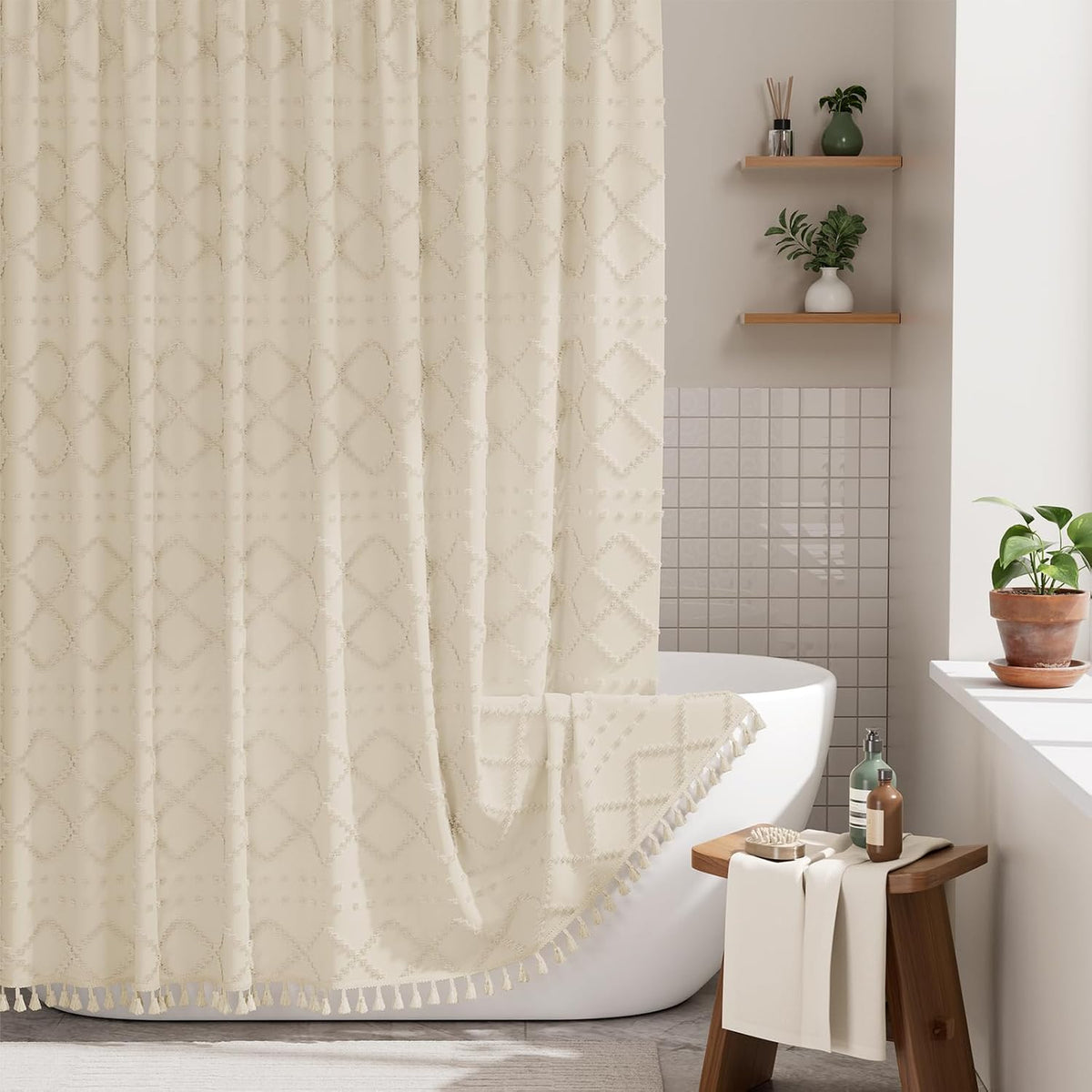 Boho Shower Curtain, Modern Farmhouse Shower Curtain Set with Tassels, Rustic Faux Linen Green Striped Shower Curtain with Hooks, Light Tan Toned, 72x72 Inches