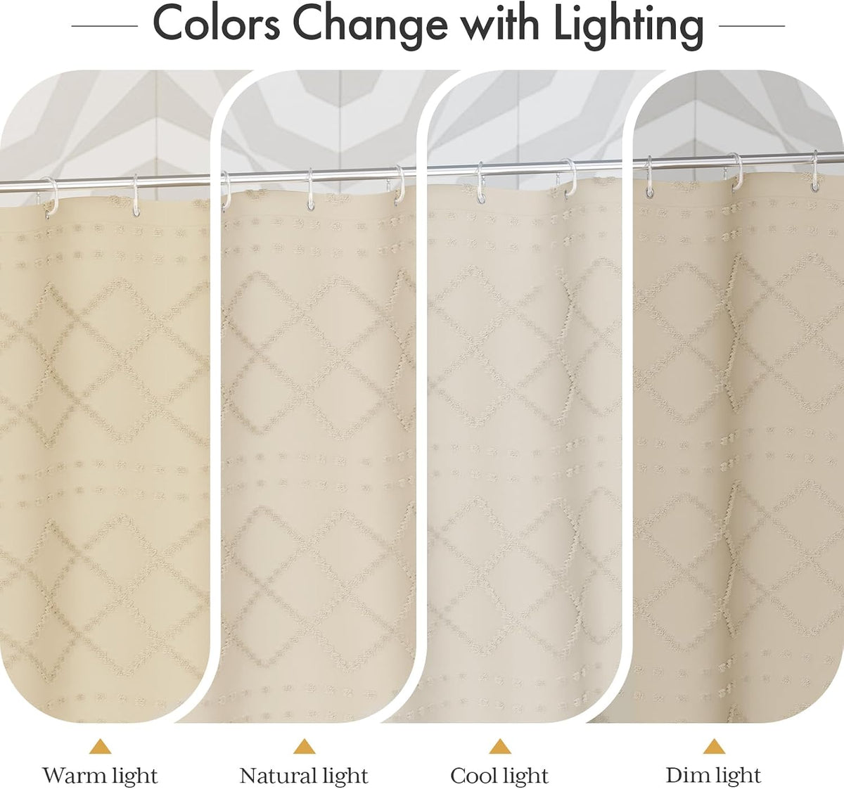 Boho Shower Curtain, Modern Farmhouse Shower Curtain Set with Tassels, Rustic Faux Linen Green Striped Shower Curtain with Hooks, Light Tan Toned, 72x72 Inches