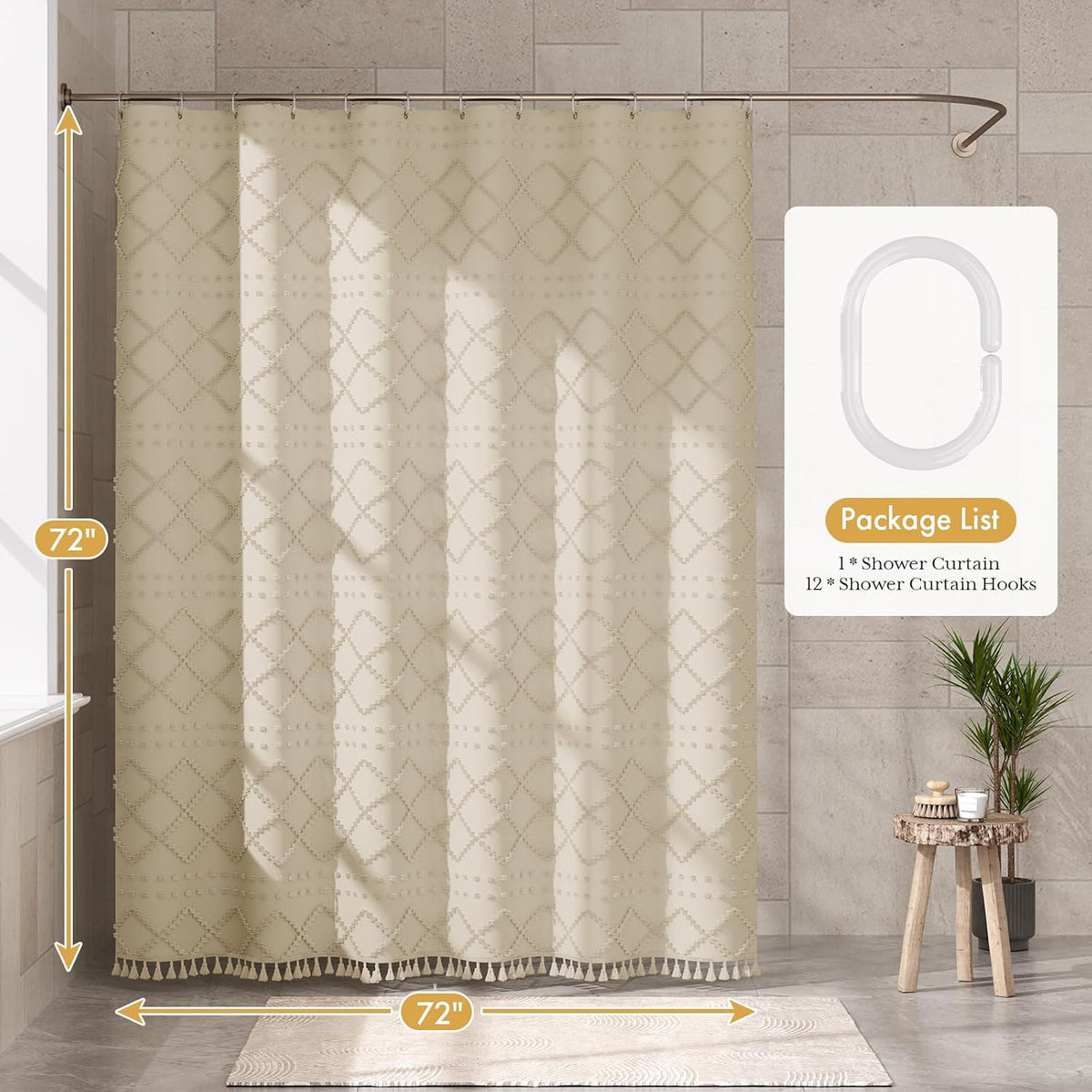 Boho Shower Curtain, Modern Farmhouse Shower Curtain Set with Tassels, Rustic Faux Linen Green Striped Shower Curtain with Hooks, Light Tan Toned, 72x72 Inches