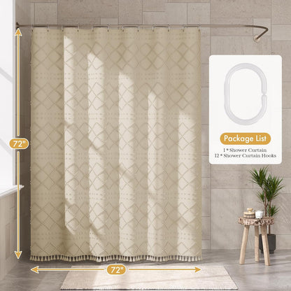 Boho Shower Curtain, Modern Farmhouse Shower Curtain Set with Tassels, Rustic Faux Linen Green Striped Shower Curtain with Hooks, Light Tan Toned, 72x72 Inches