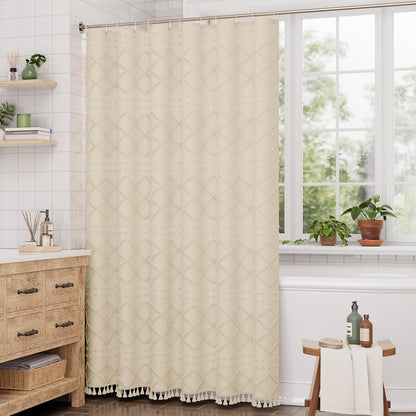Boho Shower Curtain, Modern Farmhouse Shower Curtain Set with Tassels, Rustic Faux Linen Green Striped Shower Curtain with Hooks, Light Tan Toned, 72x72 Inches
