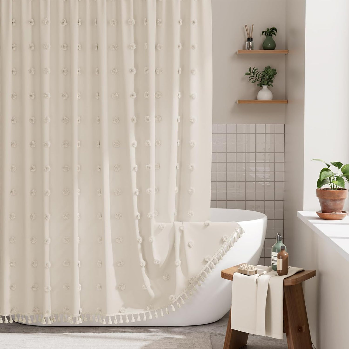 Boho Shower Curtain, Modern Farmhouse Shower Curtain Set with Tassels, Rustic Faux Linen Green Striped Shower Curtain with Hooks, Light Tan Toned, 72x72 Inches