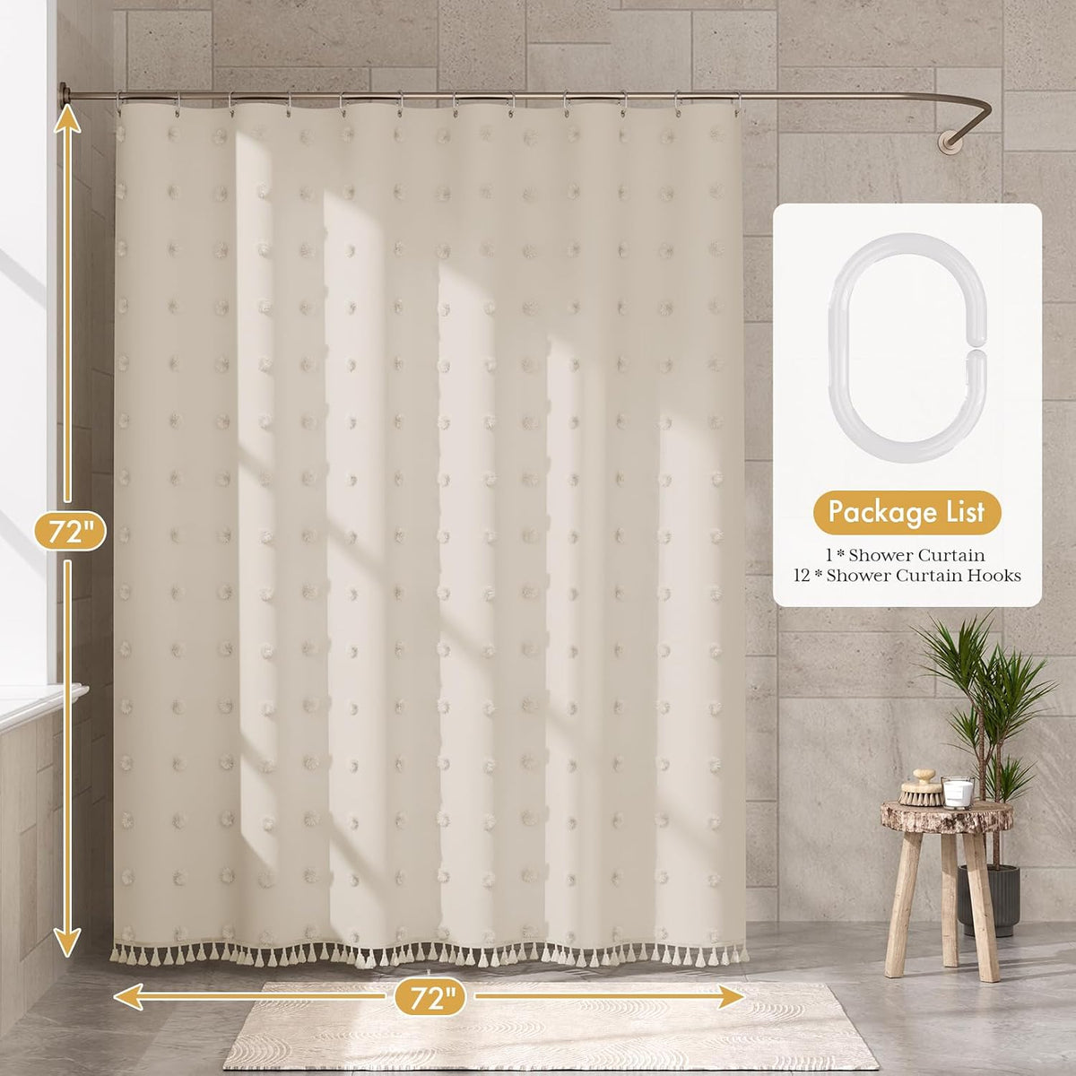 Boho Shower Curtain, Modern Farmhouse Shower Curtain Set with Tassels, Rustic Faux Linen Green Striped Shower Curtain with Hooks, Light Tan Toned, 72x72 Inches