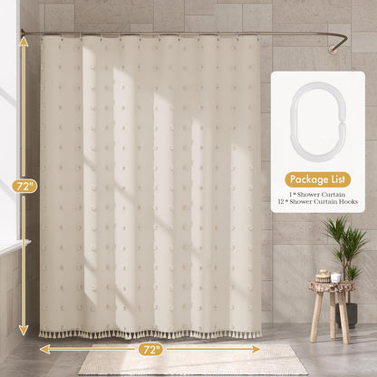 Boho Shower Curtain, Modern Farmhouse Shower Curtain Set with Tassels, Rustic Faux Linen Green Striped Shower Curtain with Hooks, Light Tan Toned, 72x72 Inches