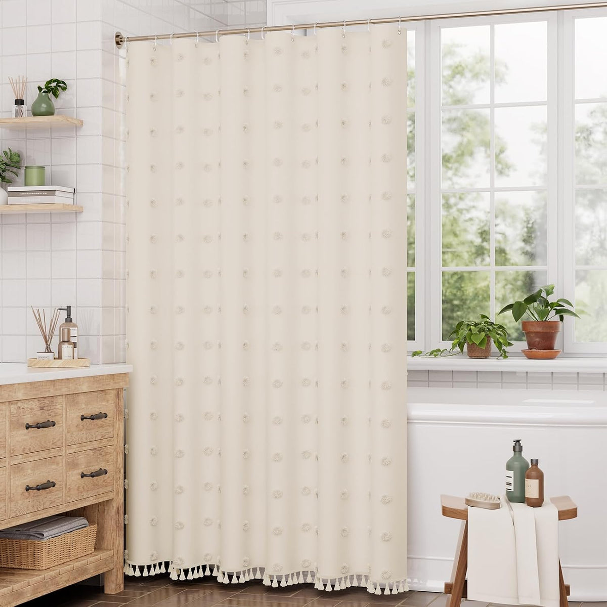 Boho Shower Curtain, Modern Farmhouse Shower Curtain Set with Tassels, Rustic Faux Linen Green Striped Shower Curtain with Hooks, Light Tan Toned, 72x72 Inches