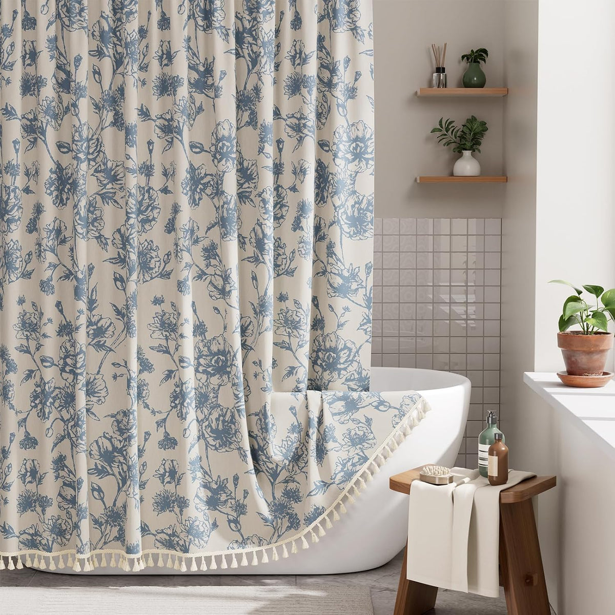 Boho Shower Curtain, Modern Farmhouse Shower Curtain Set with Tassels, Rustic Faux Linen Green Striped Shower Curtain with Hooks, Light Tan Toned, 72x72 Inches