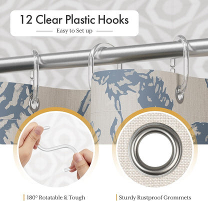 Boho Shower Curtain, Modern Farmhouse Shower Curtain Set with Tassels, Rustic Faux Linen Green Striped Shower Curtain with Hooks, Light Tan Toned, 72x72 Inches