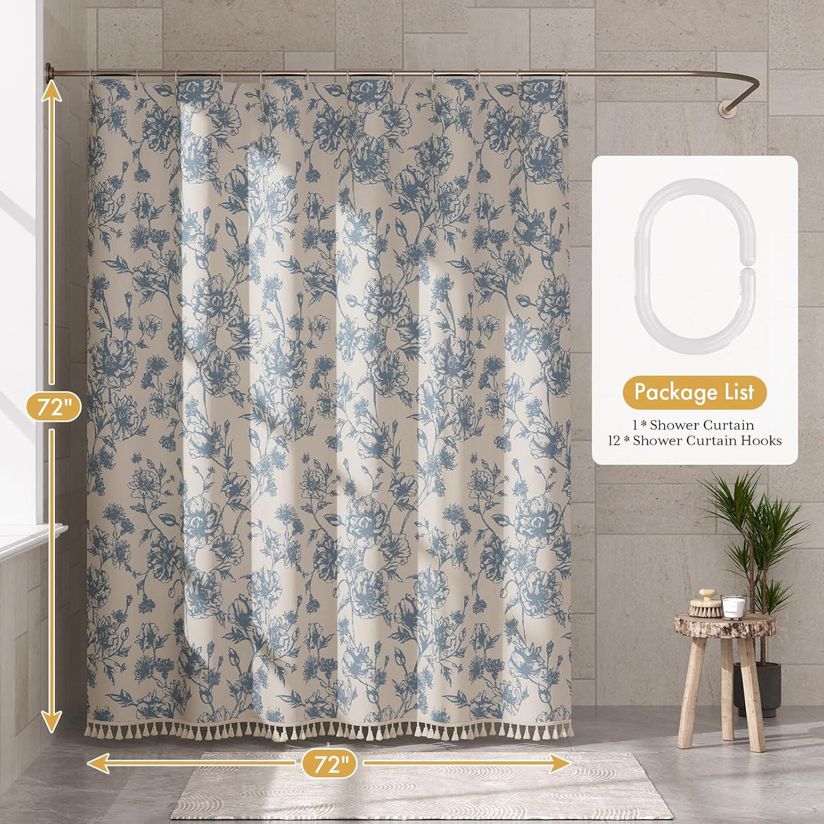 Boho Shower Curtain, Modern Farmhouse Shower Curtain Set with Tassels, Rustic Faux Linen Green Striped Shower Curtain with Hooks, Light Tan Toned, 72x72 Inches