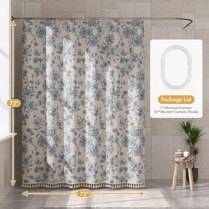 Boho Shower Curtain, Modern Farmhouse Shower Curtain Set with Tassels, Rustic Faux Linen Green Striped Shower Curtain with Hooks, Light Tan Toned, 72x72 Inches