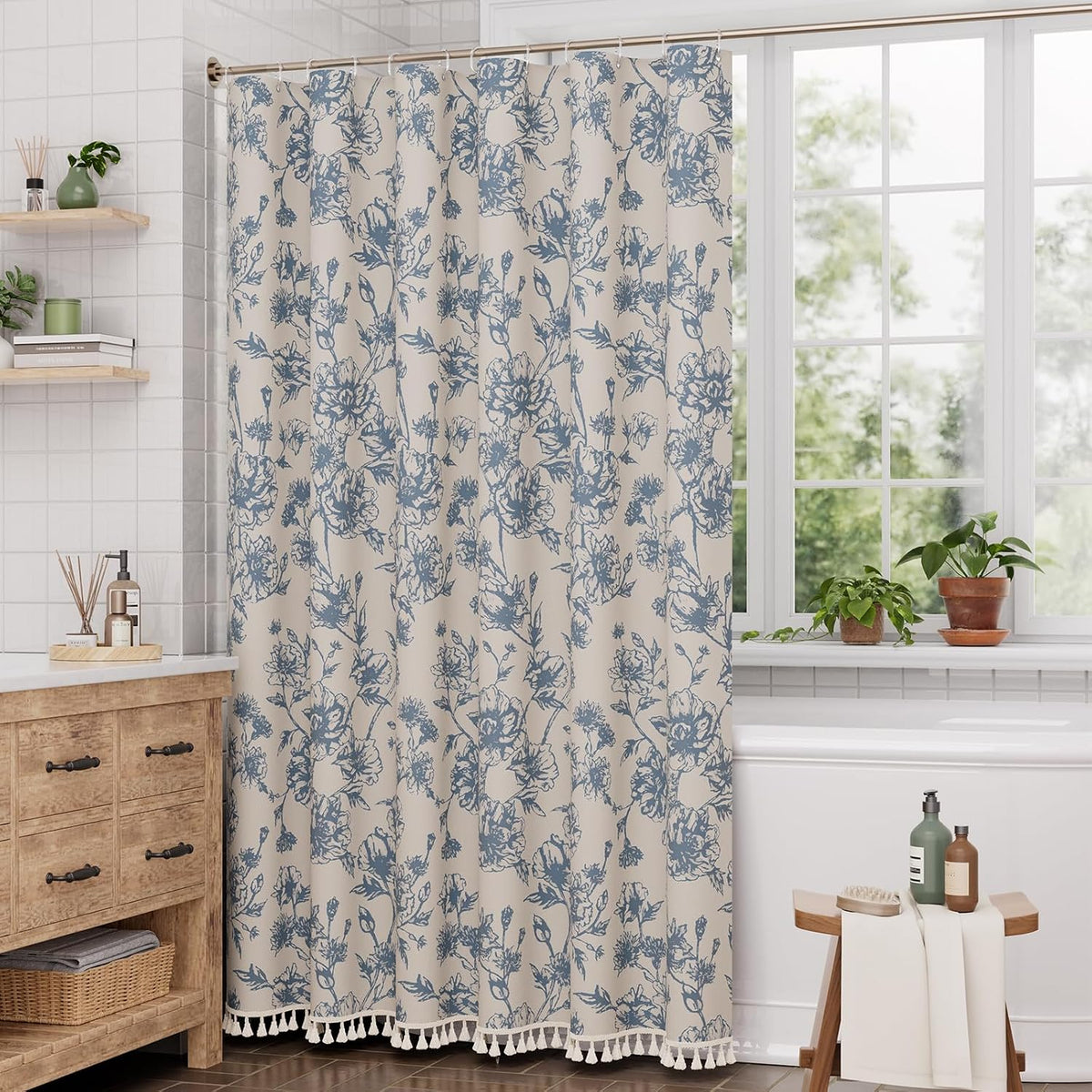 Boho Shower Curtain, Modern Farmhouse Shower Curtain Set with Tassels, Rustic Faux Linen Green Striped Shower Curtain with Hooks, Light Tan Toned, 72x72 Inches