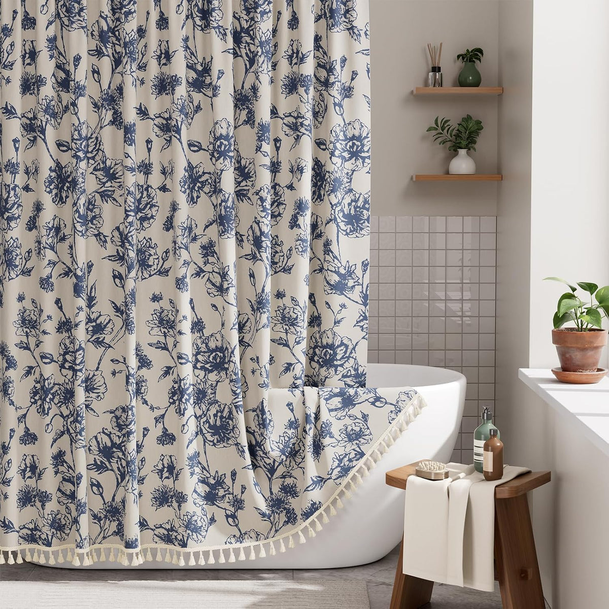 Boho Shower Curtain, Modern Farmhouse Shower Curtain Set with Tassels, Rustic Faux Linen Green Striped Shower Curtain with Hooks, Light Tan Toned, 72x72 Inches