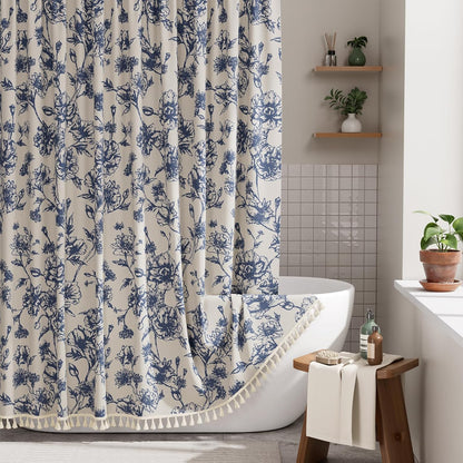 Boho Shower Curtain, Modern Farmhouse Shower Curtain Set with Tassels, Rustic Faux Linen Green Striped Shower Curtain with Hooks, Light Tan Toned, 72x72 Inches