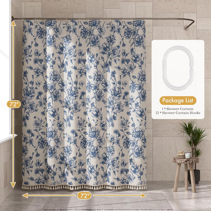 Boho Shower Curtain, Modern Farmhouse Shower Curtain Set with Tassels, Rustic Faux Linen Green Striped Shower Curtain with Hooks, Light Tan Toned, 72x72 Inches