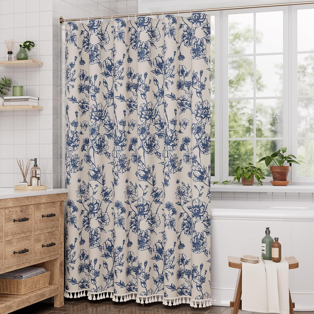 Boho Shower Curtain, Modern Farmhouse Shower Curtain Set with Tassels, Rustic Faux Linen Green Striped Shower Curtain with Hooks, Light Tan Toned, 72x72 Inches
