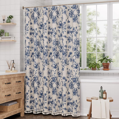 Boho Shower Curtain, Modern Farmhouse Shower Curtain Set with Tassels, Rustic Faux Linen Green Striped Shower Curtain with Hooks, Light Tan Toned, 72x72 Inches