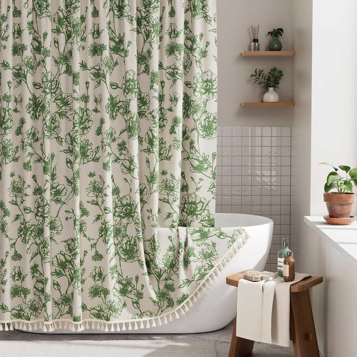 Boho Shower Curtain, Modern Farmhouse Shower Curtain Set with Tassels, Rustic Faux Linen Green Striped Shower Curtain with Hooks, Light Tan Toned, 72x72 Inches