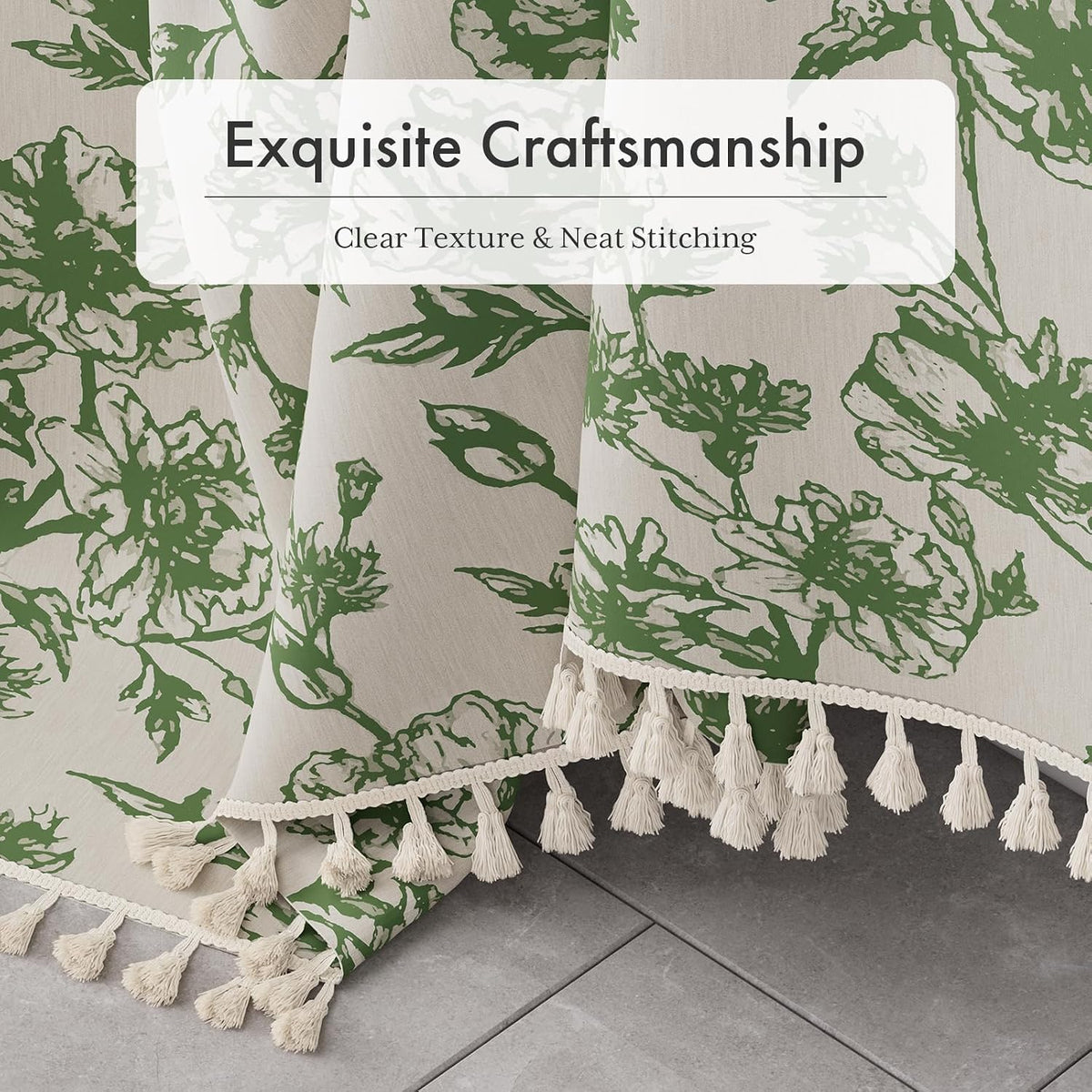 Boho Shower Curtain, Modern Farmhouse Shower Curtain Set with Tassels, Rustic Faux Linen Green Striped Shower Curtain with Hooks, Light Tan Toned, 72x72 Inches