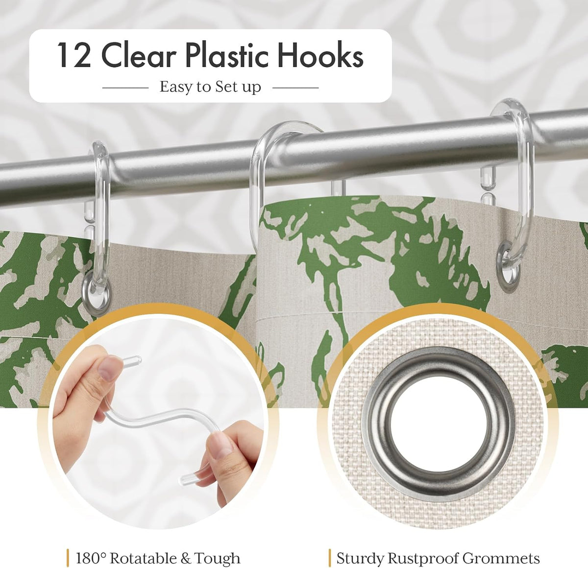Boho Shower Curtain, Modern Farmhouse Shower Curtain Set with Tassels, Rustic Faux Linen Green Striped Shower Curtain with Hooks, Light Tan Toned, 72x72 Inches