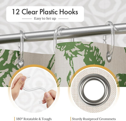 Boho Shower Curtain, Modern Farmhouse Shower Curtain Set with Tassels, Rustic Faux Linen Green Striped Shower Curtain with Hooks, Light Tan Toned, 72x72 Inches