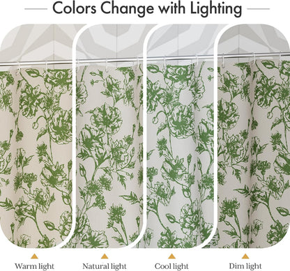 Boho Shower Curtain, Modern Farmhouse Shower Curtain Set with Tassels, Rustic Faux Linen Green Striped Shower Curtain with Hooks, Light Tan Toned, 72x72 Inches