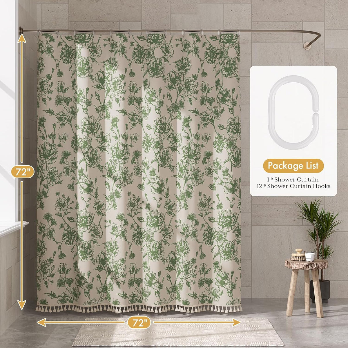Boho Shower Curtain, Modern Farmhouse Shower Curtain Set with Tassels, Rustic Faux Linen Green Striped Shower Curtain with Hooks, Light Tan Toned, 72x72 Inches