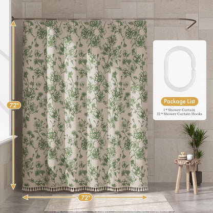 Boho Shower Curtain, Modern Farmhouse Shower Curtain Set with Tassels, Rustic Faux Linen Green Striped Shower Curtain with Hooks, Light Tan Toned, 72x72 Inches