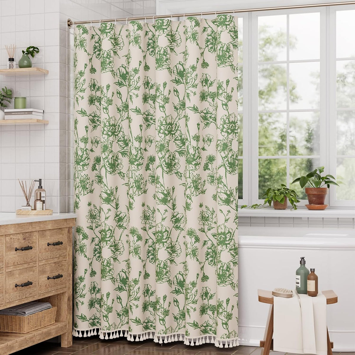 Boho Shower Curtain, Modern Farmhouse Shower Curtain Set with Tassels, Rustic Faux Linen Green Striped Shower Curtain with Hooks, Light Tan Toned, 72x72 Inches