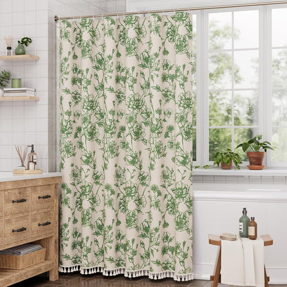 Boho Shower Curtain, Modern Farmhouse Shower Curtain Set with Tassels, Rustic Faux Linen Green Striped Shower Curtain with Hooks, Light Tan Toned, 72x72 Inches