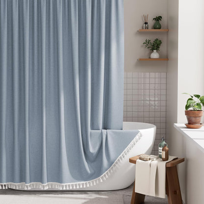 Boho Shower Curtain, Modern Farmhouse Shower Curtain Set with Tassels, Rustic Faux Linen Green Striped Shower Curtain with Hooks, Light Tan Toned, 72x72 Inches
